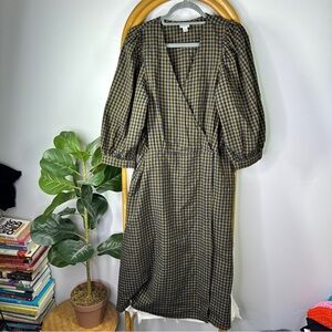 A New Day Green and Blue Check Puff Sleeve Midi Dress sz L